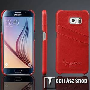 Műanyag védő tok / valódi bőr hátlap - PIROS - bankkártya tartó zsebekkel - SAMSUNG SM-G920 Galaxy S6 kép