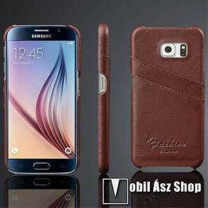 Műanyag védő tok / valódi bőr hátlap - BARNA - bankkártya tartó zsebekkel - SAMSUNG SM-G920 Galaxy S6 kép