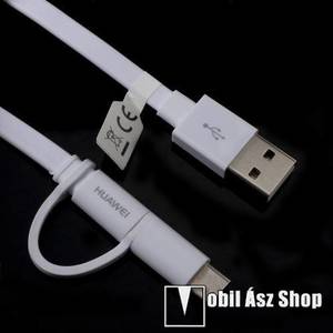 HUAWEI 2A adatatátviteli kábel / USB töltő - microUSB / USB + USB Type-C átalakítóval, 1, 5m hosszú, lapos kábel - FEHÉR - GYÁRI kép