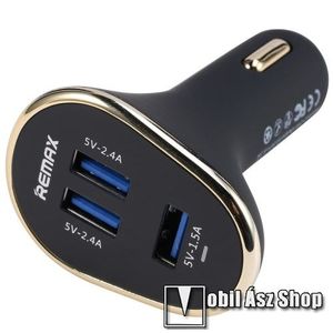 REMAX szivargyújtós töltő / autós töltő - 3 x USB aljzat - 2 x 5V / 2400mAh, 1 x 5V / 1500mAh, kék töltésjelző LED, kábel NÉLKÜL! - FEKETE - GYÁRI kép