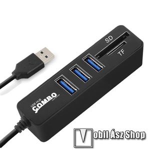 COMBO 3 portos USB hub / elosztó - 2 az 1-ben elosztó és memóriakártya olvasó is, SD/TF kártya támogatás, 3-as elosztó, USB 2.0, 5V / 500mA, 15cm kábelhossz - Telefon töltésére nem alakamas! - FEKETE kép