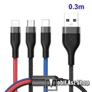 KUULAA 3 az 1-ben adatatátviteli kábel / USB töltő - USB Type-C, microUSB, Lightning / USB csatlakozás, 30cm, 3.5A, szövettel bevont, gyorstöltés támogatás - FEKETE / KÉK / PIROS kép