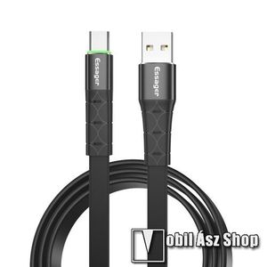 ESSAGER adatátviteli kábel / USB töltő - USB 3.0 / Type C csatlakozás, 1m hosszú, 3A QC 3.0 gyorstöltés támogatás, lapos kábel, LED fény - FEKETE kép