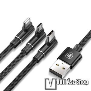 BASEUS 3 az 1-ben adatatátviteli kábel / USB töltő - USB Type-C, microUSB, Lightning / USB csatlakozás, 1.2m, 5V/3.5A, szövettel bevont, 90°-os derékszögű - FEKETE - GYÁRI kép