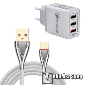 Hálózati töltő - 3x USB aljzat, 1x Quick Charge 3.0 3.6V-6.5V/3A; 6.5V-9V/2A; 9V-12V/1.5A; 2x 5V/2.1A, 3A Type-C adatátviteli / töltő kábellel, 1m - FEHÉR kép