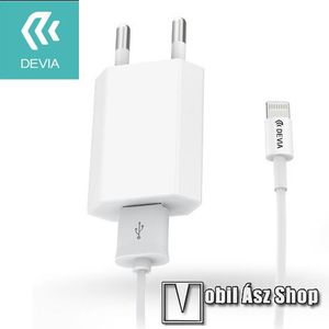 DEVIA hálózati töltő USB aljzattal - 5V / 1A, Apple Lightning adatátvitel és töltő kábellel (120cm) - FEHÉR - GYÁRI kép