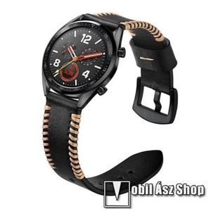 Valódi bőr okosóra szíj - 130mm + 93mm hosszú, 22mm széles, varrás mintás - FEKETE - HUAWEI Watch GT / HUAWEI Watch 2 Pro / Honor Watch Magic / HUAWEI Watch GT 2 46mm kép