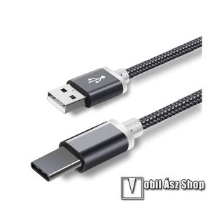 Adatátviteli kábel / USB töltő - Type-C speciális, 10 mm hosszított fej, 1m, szövettel bevont - SZÜRKE kép