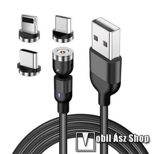 Mágneses adatátviteli kábel / USB töltő - 3 az 1-ben Lightning, microUSB, Type-C / USB csatlakozás, 1m, 5V/2.4A, cserélhető fejekkel, szövettel bevont, derékszögű 180°-ban / 360°-ban forgatható - CSAK TÖLTÉSRE ALKALMAS ADATÁTVITELRE NEM! - FEKETE kép