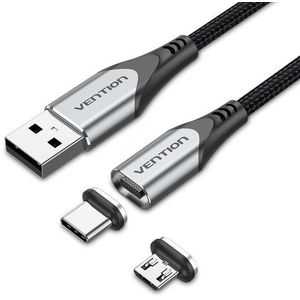 Vention 2-in-1 USB 2.0 to Micro + USB-C Male Magnetic Cable 1m Gray Aluminum Alloy Type kép