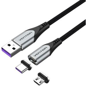 Vention 2-in-1 USB 2.0 to Micro + USB-C Male Magnetic Cable 5A 1.5m Gray Aluminum Alloy Type kép