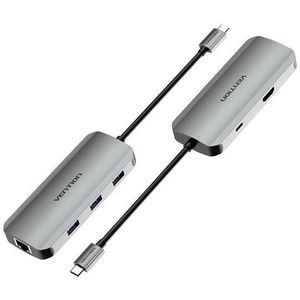 Vention USB-C to HDMI / USB 3.0 x 3 / RJ45 / PD Docking Station 0.15M Gray Aluminum kép