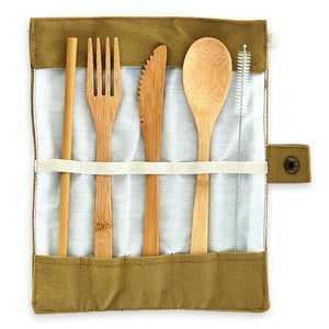 Klarstein Úti evőeszköz készlet, 5 darabos készlet, barna borítóban, feltekerhető, bambusz kép
