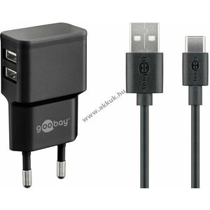 USB-C töltőkészlet 2, 4 A, tápegység 2 USB-porttal és USB Type-C 1m-es kábellel (fekete) kép