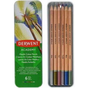 DERWENT Academy Metallic Colour Pencils fémdobozban, hatszögletű, 6 szín kép
