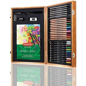 DERWENT Academy Wooden Gift Box, fa ajándék koffer, művészi ceruza készlet, 30 db kép