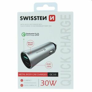 Autós töltő Swissten Qualcomm Quick Charge 3.0 támogatással, 30W, matt ezüst kép
