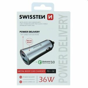 Autós töltő Swissten Power Delivery USB-C + Qualcomm 3.0 támogatással, 36W, matt ezüst kép