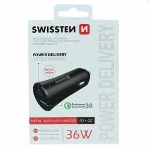Autós töltő Swissten Power Delivery USB-C + Qualcomm 3.0 támogatással, 36W, matt fekete kép