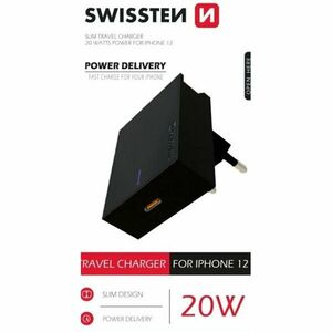 Hálózati USB-C gyorstöltő, power delivery, fekete, 20W kép