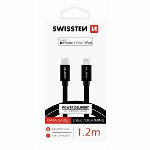 Adatkábel Swissten textil USB-C / Lightning MFi 1, 2 M és gyorstöltés támogatással, fekete kép
