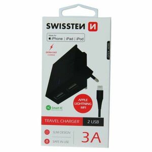Gyorstöltés Swissten Smart IC 3.A 2 USB konektorral + Adatkábel USB / Lightning MFi 1, 2 m, fekete kép