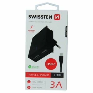 Gyorstöltés Swissten Smart IC 3.A s 2 USB konektorral + Adatkábel USB / USB-C 1, 2 m, fekete kép