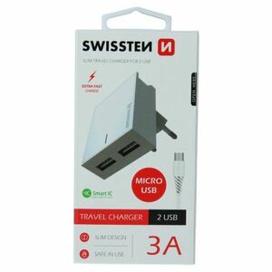 Gyorstöltő Swissten Smart IC 3.A s 2 USB konektorral + Adatkábel USB / Micro USB 1, 2 m, fehér kép