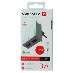 Gyorstöltő Swissten Smart IC 3.A s 2 USB konektorral + Adatkábel USB / USB-C 1, 2 m, fehér kép