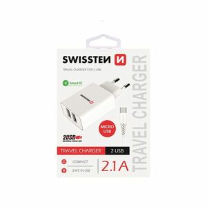 Töltő Swissten Smart IC 2.1A s 2 USB konektorral és adatkábellel USB/Micro USB, 1, 2m, fehér kép