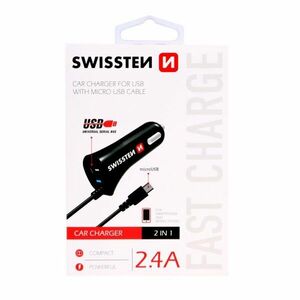 Autós töltő Swissten 2.4A beépített Micro-USB kábellel és USB konnektorral kép