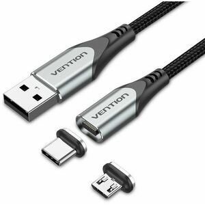 Vention 2-in-1 USB 2.0 to Micro + USB-C Male Magnetic Cable 1.5M Gray Aluminum Alloy Type kép