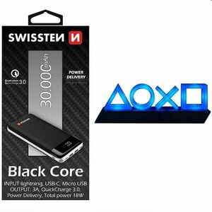 Swissten Black Core Slim Powerbank 30.000 mAh + Playstation 5 Icons Light USB lámpa kép