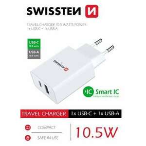 Swissten hálózati töltő adapter, 1XUSB-C, 1XUSB, Smart IC, 10, 5 W... kép