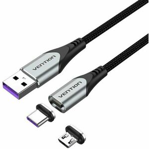 Vention 2-in-1 USB 2.0 to Micro + USB-C Male Magnetic Cable 5A 0.5m Gray Aluminum Alloy Type kép