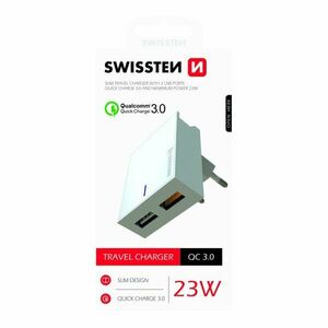 Gyorstöltés Swissten Qualcomm töltő 3.0 s 2 USB konektorral, 23W, fehér kép