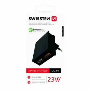 Gyorstöltés Swissten Qualcomm töltő 3.0 s 2 USB konektorral, 23W, fekete kép