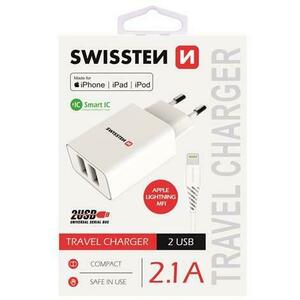 Swissten hálózati töltő adapter, 2 USB port, Smart IC, 2, 1 A, fehér kép