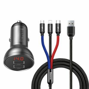 Baseus Digital 2x USB autós töltő + 3in1 kábel USB - UBS C / Micro USB / Lightning 1.2m, fekete (TZCCBX-0G) kép