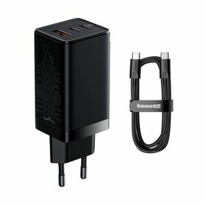 Baseus GaN3 hálózati töltő adapter 2x USB-C / USB 65W PD QC + kábel USB-C / USB-C 1m, fekete (CCGP050101) kép