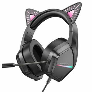 Borofone BO106 gamer fülhallgató macskafüllel USB / 3.5mm jack, fekete/rózsaszín kép