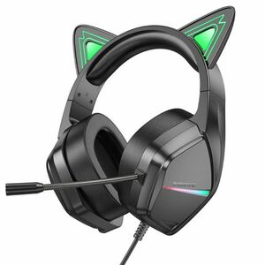 Borofone BO106 gamer fülhallgató macskafüllel USB / 3.5mm jack, fekete/zöld kép