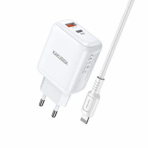 KAKU KSC-670 hálózati töltő adapter USB-C 30W, USB QC + kábel USB-C / Lightning, fehér kép