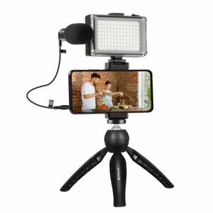 PULUZ Live Vlogger mobil állvány + LED lámpa és mikrofon, fekete (PKT3132B) kép