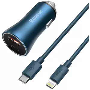 Autó töltő Baseus Golden Contactor Pro car charger, USB + USB-C, QC4.0+, PD, SCP, 40W (blue) + USB-C - Lightning cable 1m (blue) kép