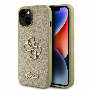 Guess PU Fixed Glitter 4G Metal Logo Hátlapi tok iPhone 15 számára, arany kép