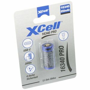 XCell Pro 16340 / RCR123A Li-Ion akku USB-C töltővel 3.6V, 850mAH kép