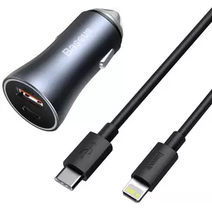 Autó töltő Baseus Golden Contactor Pro car charger, USB + USB-C, QC4.0+, PD, SCP, 40W (dark gray) with Cable Type-C to iP 1m Black (6953156207639) kép