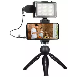 Puluz Live broadcast kit tripod mount + LED lamp + microphone + phone clamp kép