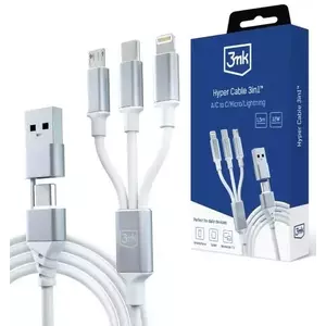 Kábel 3MK Hyper Cable 3in1 USB-A/USB-C - USB-C/Micro/Lightning 1.5m White Cable kép